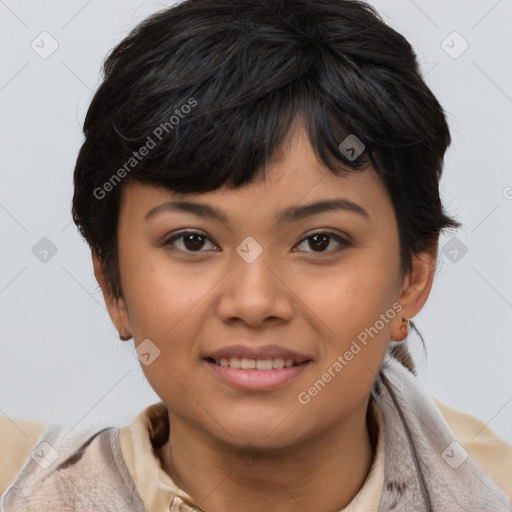 Joyful asian young-adult female with short  brown hair and brown eyes