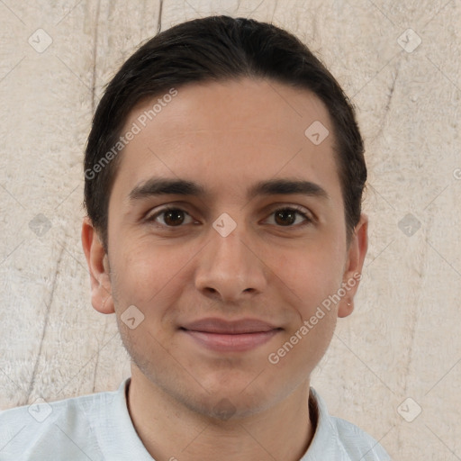 Joyful white young-adult male with short  brown hair and brown eyes