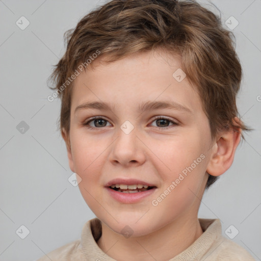 Joyful white child female with short  brown hair and brown eyes