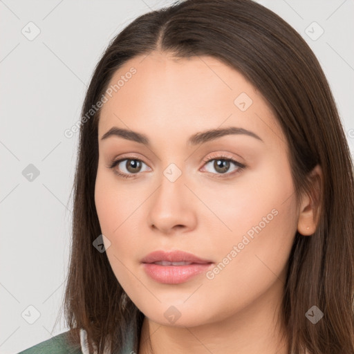 Neutral white young-adult female with long  brown hair and brown eyes