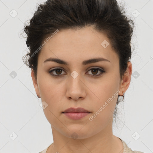 Neutral white young-adult female with short  brown hair and brown eyes