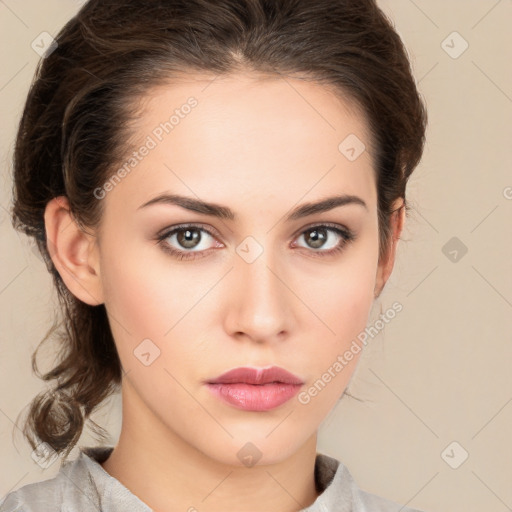 Neutral white young-adult female with medium  brown hair and brown eyes