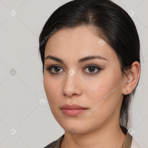 Neutral white young-adult female with medium  brown hair and brown eyes