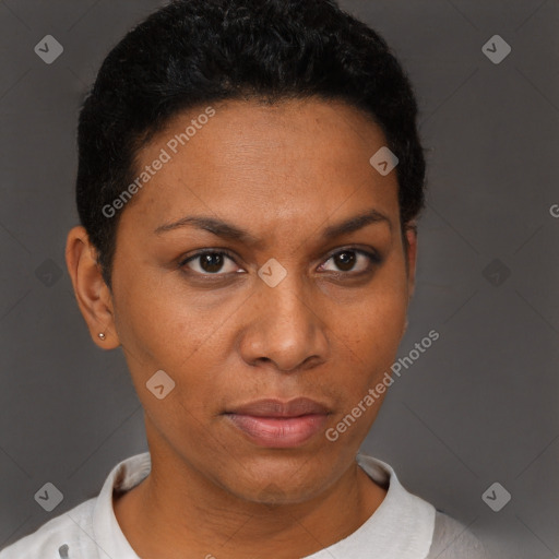 Neutral black adult female with short  black hair and brown eyes