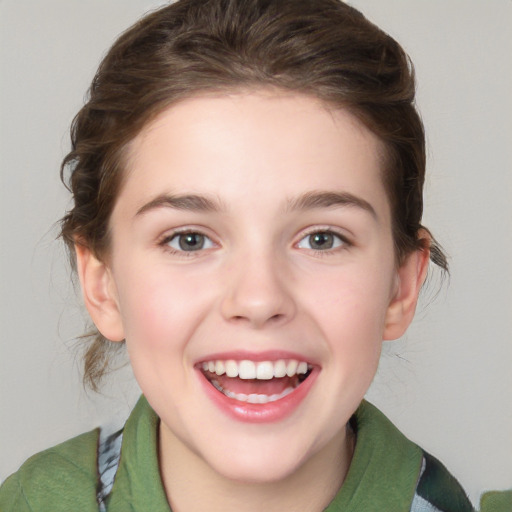 Joyful white young-adult female with medium  brown hair and green eyes