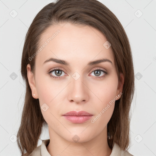 Neutral white young-adult female with medium  brown hair and grey eyes