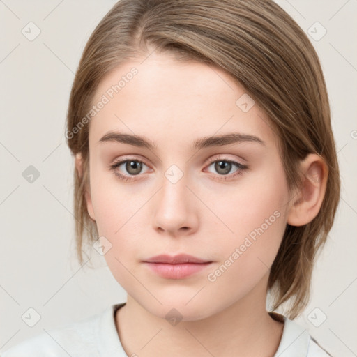 Neutral white young-adult female with medium  brown hair and grey eyes