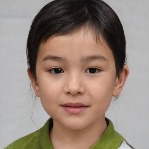 Joyful asian child female with medium  brown hair and brown eyes