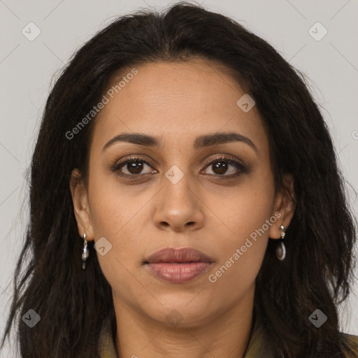 Joyful latino young-adult female with long  brown hair and brown eyes