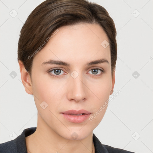 Neutral white young-adult female with short  brown hair and brown eyes