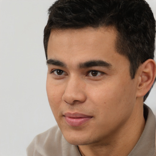 Neutral latino young-adult male with short  brown hair and brown eyes