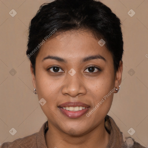 Joyful latino young-adult female with short  brown hair and brown eyes