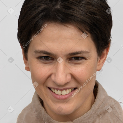 Joyful white young-adult female with short  brown hair and brown eyes