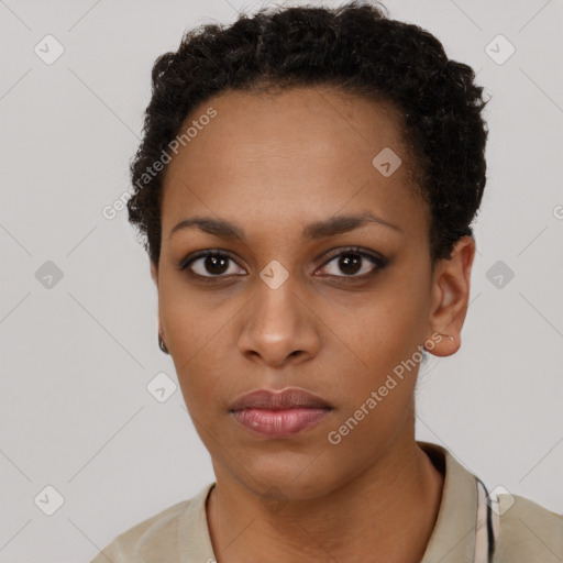 Neutral black young-adult female with short  black hair and brown eyes