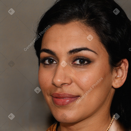 Joyful latino young-adult female with long  brown hair and brown eyes