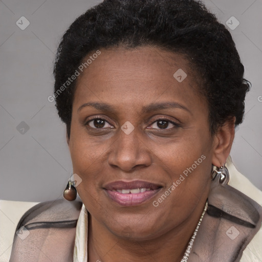 Joyful black adult female with short  brown hair and brown eyes