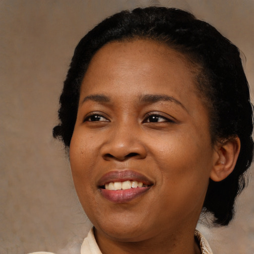 Joyful black young-adult female with medium  black hair and brown eyes