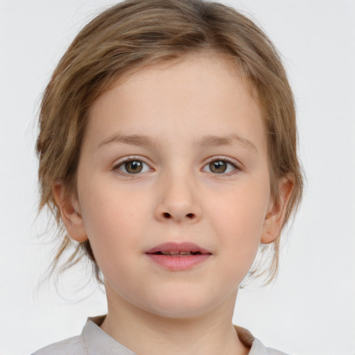 Neutral white child female with medium  brown hair and blue eyes