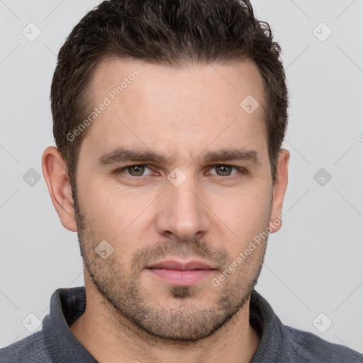 Neutral white young-adult male with short  brown hair and grey eyes