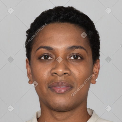 Neutral black young-adult female with short  black hair and brown eyes