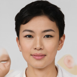 Joyful asian young-adult female with short  black hair and brown eyes