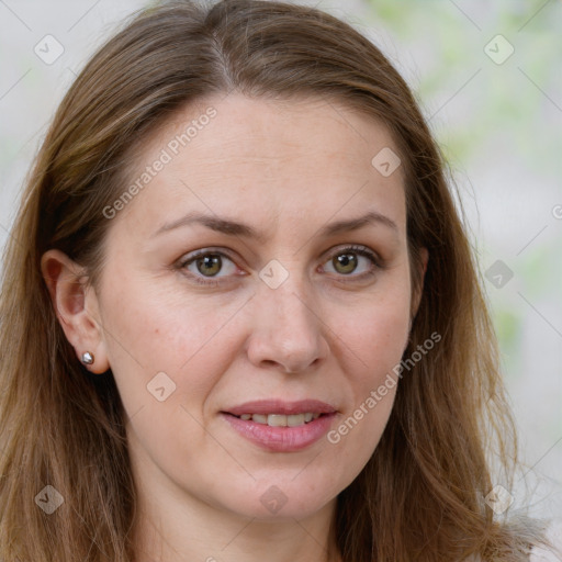 Joyful white young-adult female with long  brown hair and green eyes