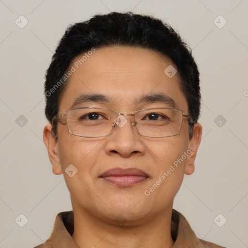 Joyful asian adult male with short  black hair and brown eyes