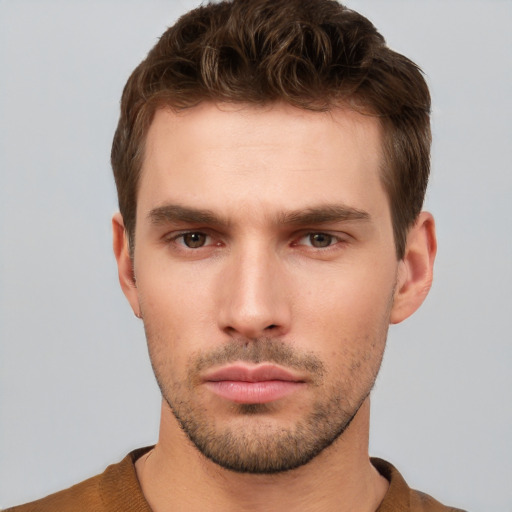 Neutral white young-adult male with short  brown hair and brown eyes