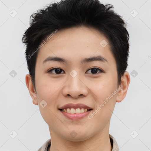 Joyful asian young-adult female with short  brown hair and brown eyes