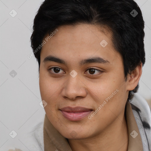 Joyful latino young-adult female with short  brown hair and brown eyes