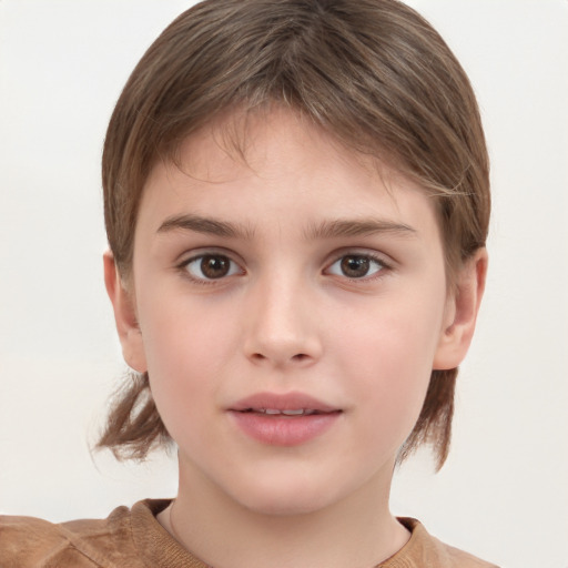 Joyful white child female with medium  brown hair and brown eyes