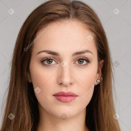 Neutral white young-adult female with long  brown hair and brown eyes