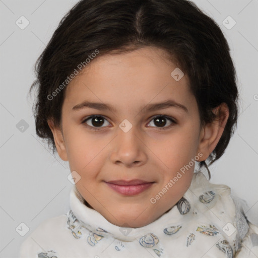 Joyful white child female with medium  brown hair and brown eyes