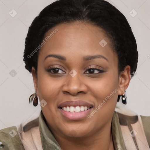 Joyful latino young-adult female with short  brown hair and brown eyes