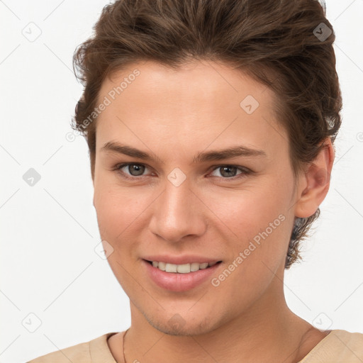 Joyful white young-adult female with short  brown hair and brown eyes