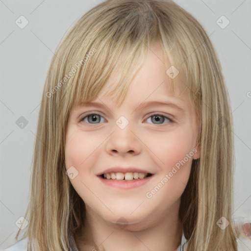 Joyful white child female with medium  brown hair and grey eyes