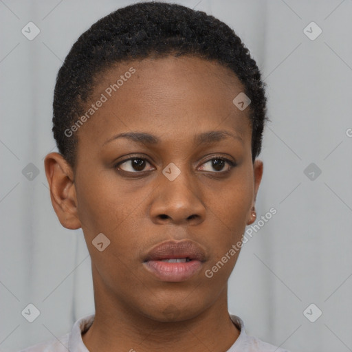 Neutral black young-adult female with short  brown hair and brown eyes