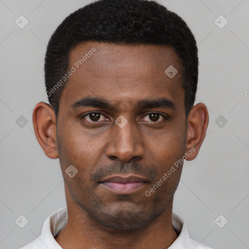 Neutral black young-adult male with short  black hair and brown eyes