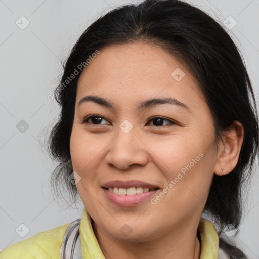 Joyful white young-adult female with medium  brown hair and brown eyes