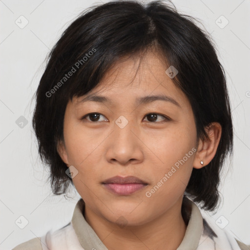 Neutral asian young-adult female with medium  brown hair and brown eyes