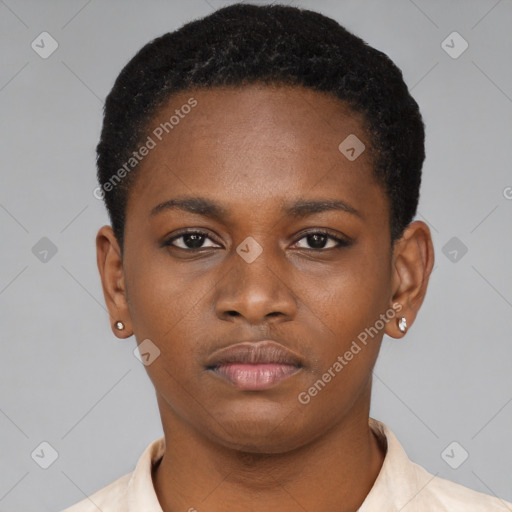 Neutral black young-adult female with short  black hair and brown eyes