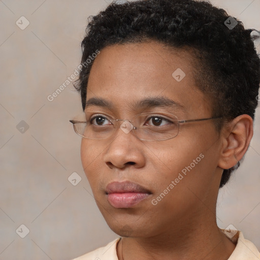 Neutral black young-adult male with short  black hair and brown eyes