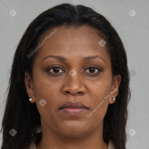 Neutral black young-adult female with long  brown hair and brown eyes