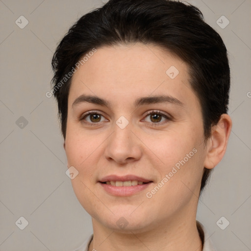 Joyful white young-adult female with short  brown hair and brown eyes