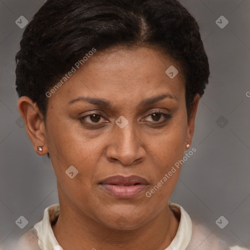 Joyful latino adult female with short  brown hair and brown eyes