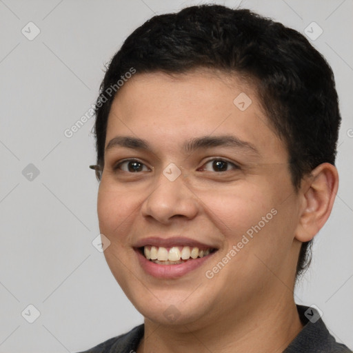 Joyful white young-adult female with short  brown hair and brown eyes