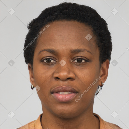 Neutral black young-adult female with short  black hair and brown eyes