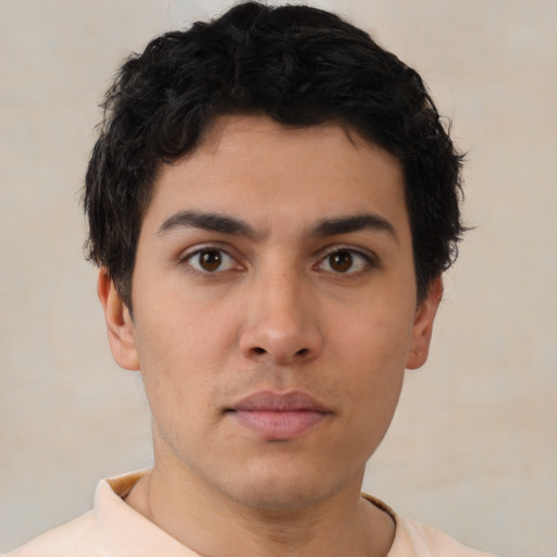 Neutral latino young-adult male with short  brown hair and brown eyes
