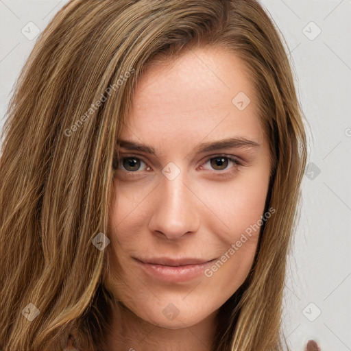 Neutral white young-adult female with long  brown hair and brown eyes