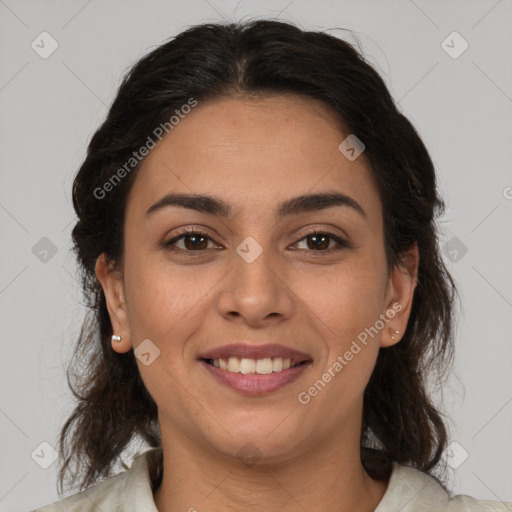 Joyful white young-adult female with medium  brown hair and brown eyes